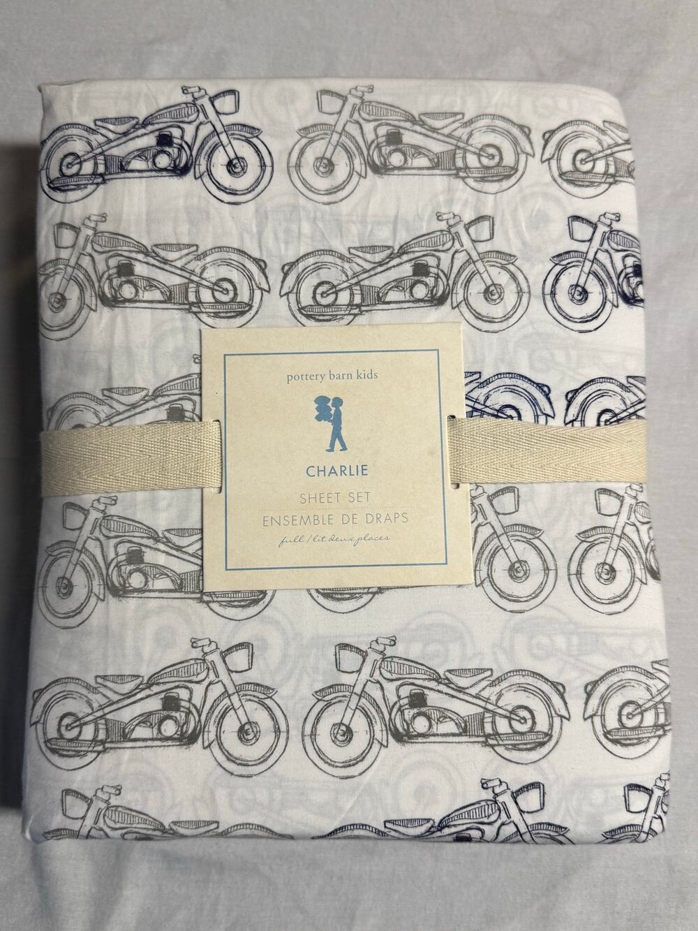 NWT Pottery Barn Kids Vintage Motorcycles pillowcases Flat Fitted Sheet Set FulL